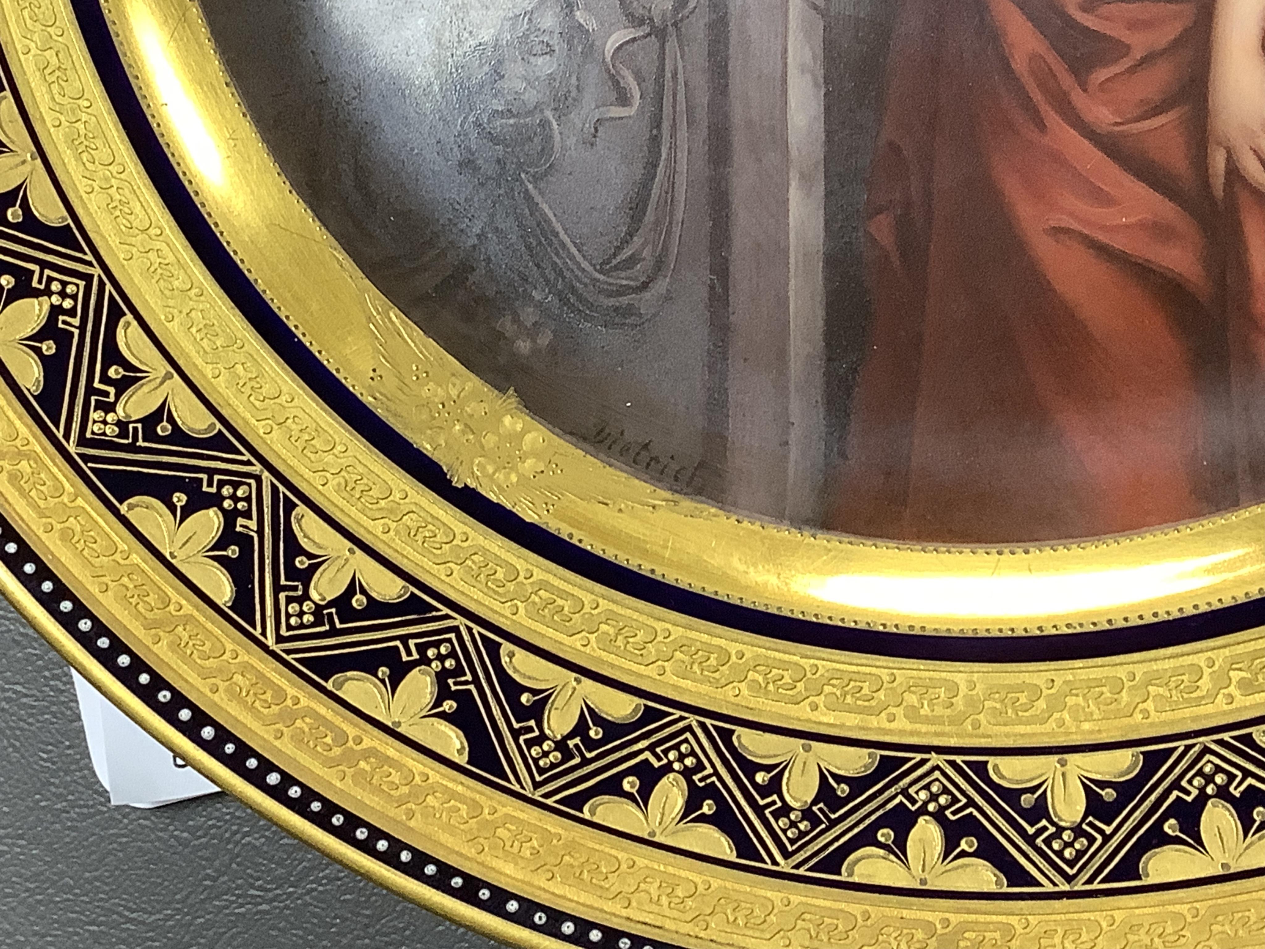 A Vienna style cabinet plate, c.1900, painted with Lady Frances Bridges after the portrait by James Watson, signed Dietrich, 24cm in diameter